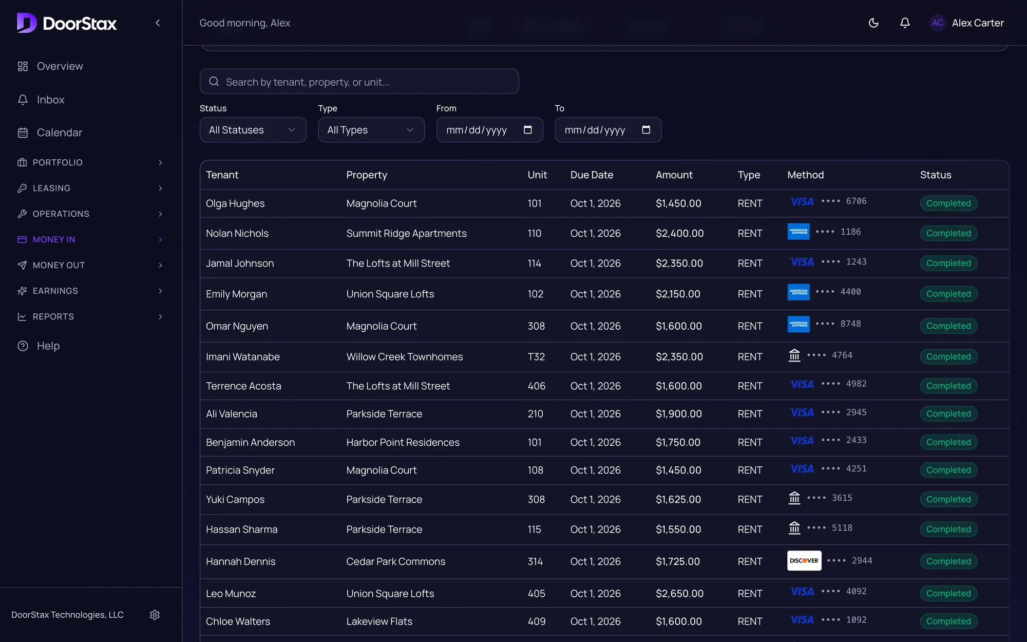 DoorStax payments list showing each tenant's rent payment with property, unit, due date, amount, method and a Completed status. Demo portfolio.