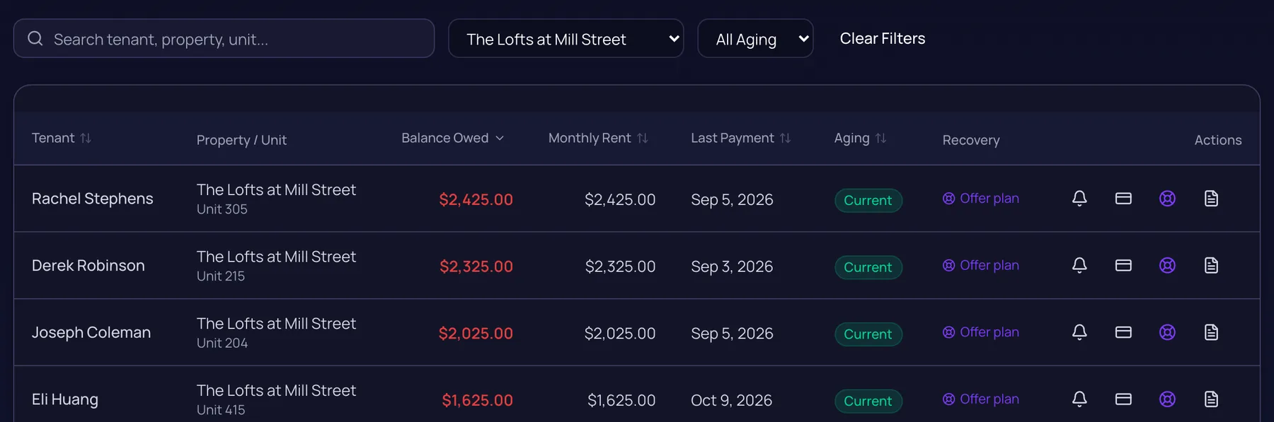 DoorStax Unpaid Rent list for one building: four tenants with balance owed, monthly rent, last payment and aging, and row actions. Demo portfolio.