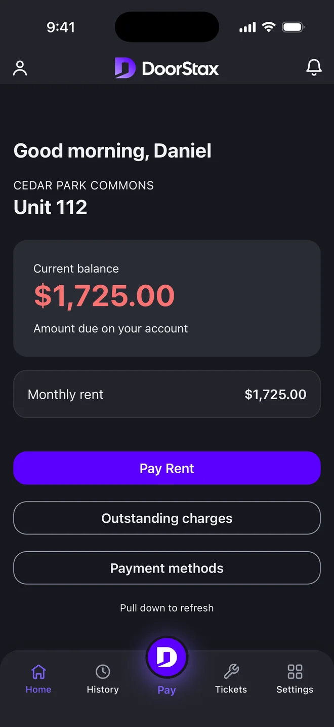 DoorStax mobile app, tenant side: rent due this month and a Pay Rent button. Demo data.