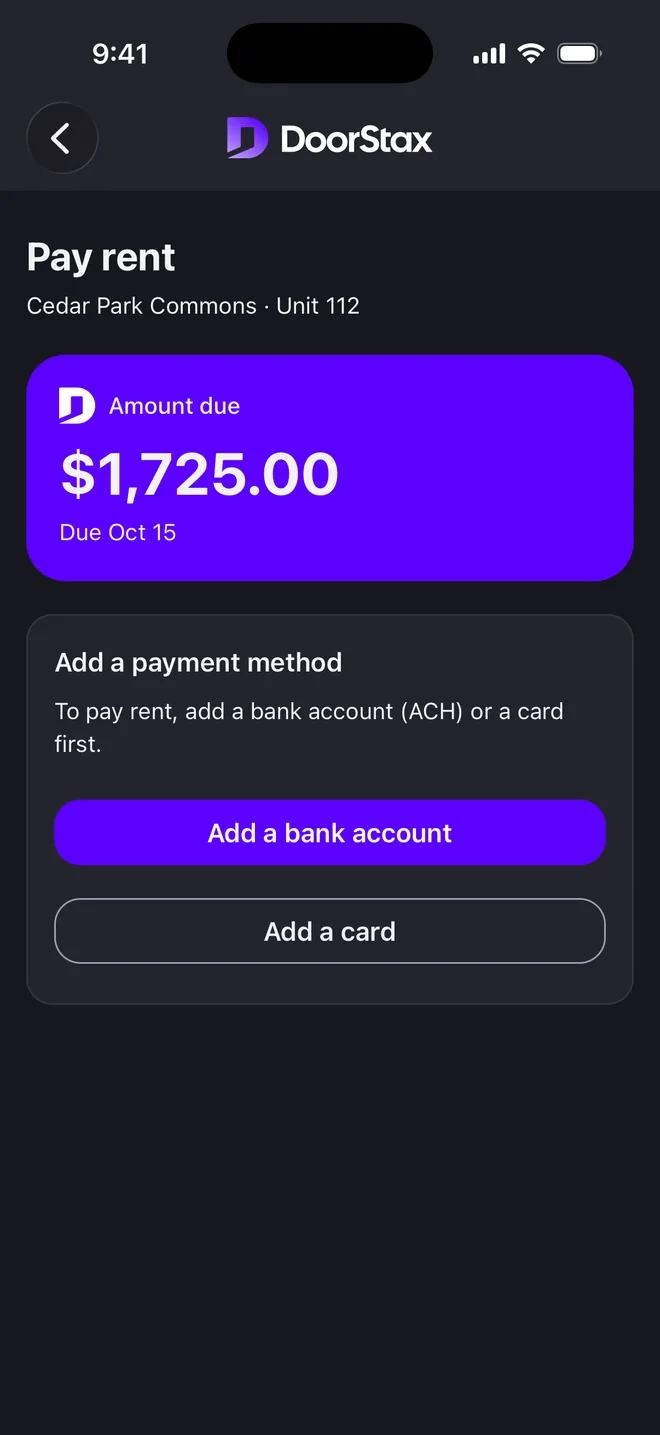 DoorStax mobile app, tenant side: Pay rent screen with the amount due and options to pay by bank account or card. Demo data.