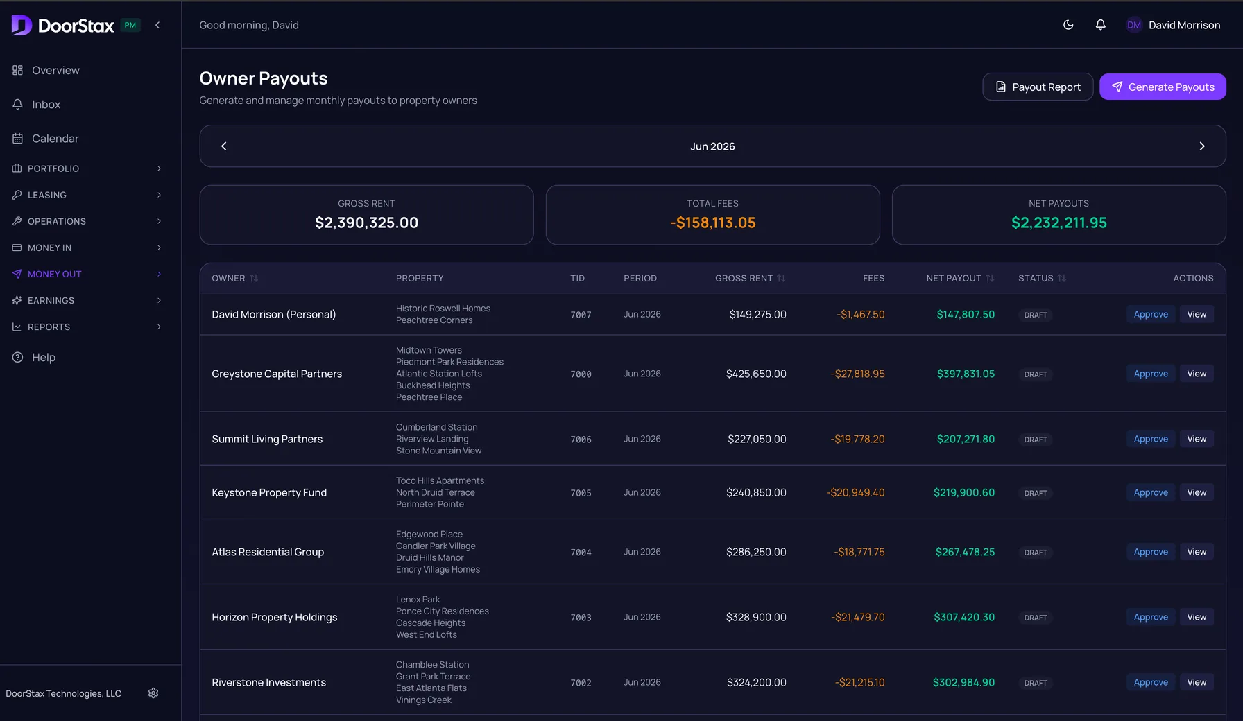 DoorStax owner payouts screen with gross rent, total fees, and net payout summaries and per-owner draft payouts ready to approve
