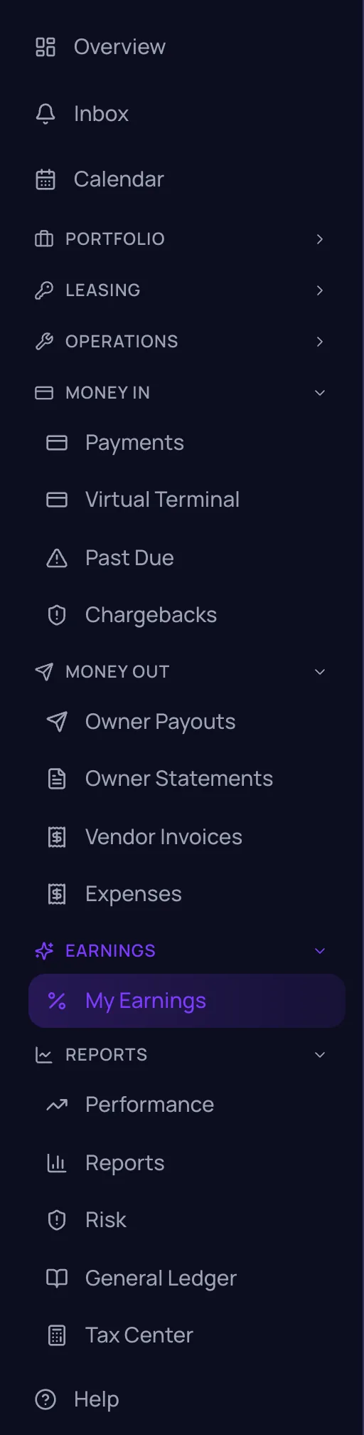 DoorStax sidebar menu expanded to show Money In, Money Out, Earnings and Reports, including Payments, Owner Payouts, General Ledger and Tax Center.