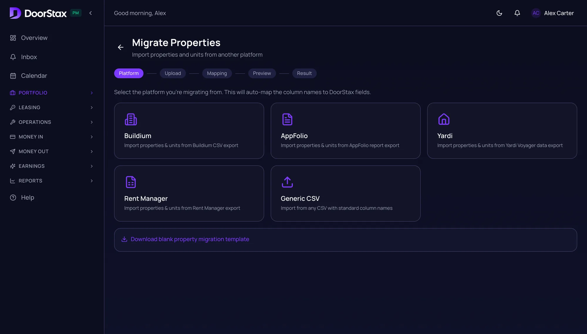 DoorStax Migrate Properties page with the platforms to import from (Buildium, AppFolio, Yardi, Rent Manager and a generic CSV) above a five-step progress row. Demo portfolio.